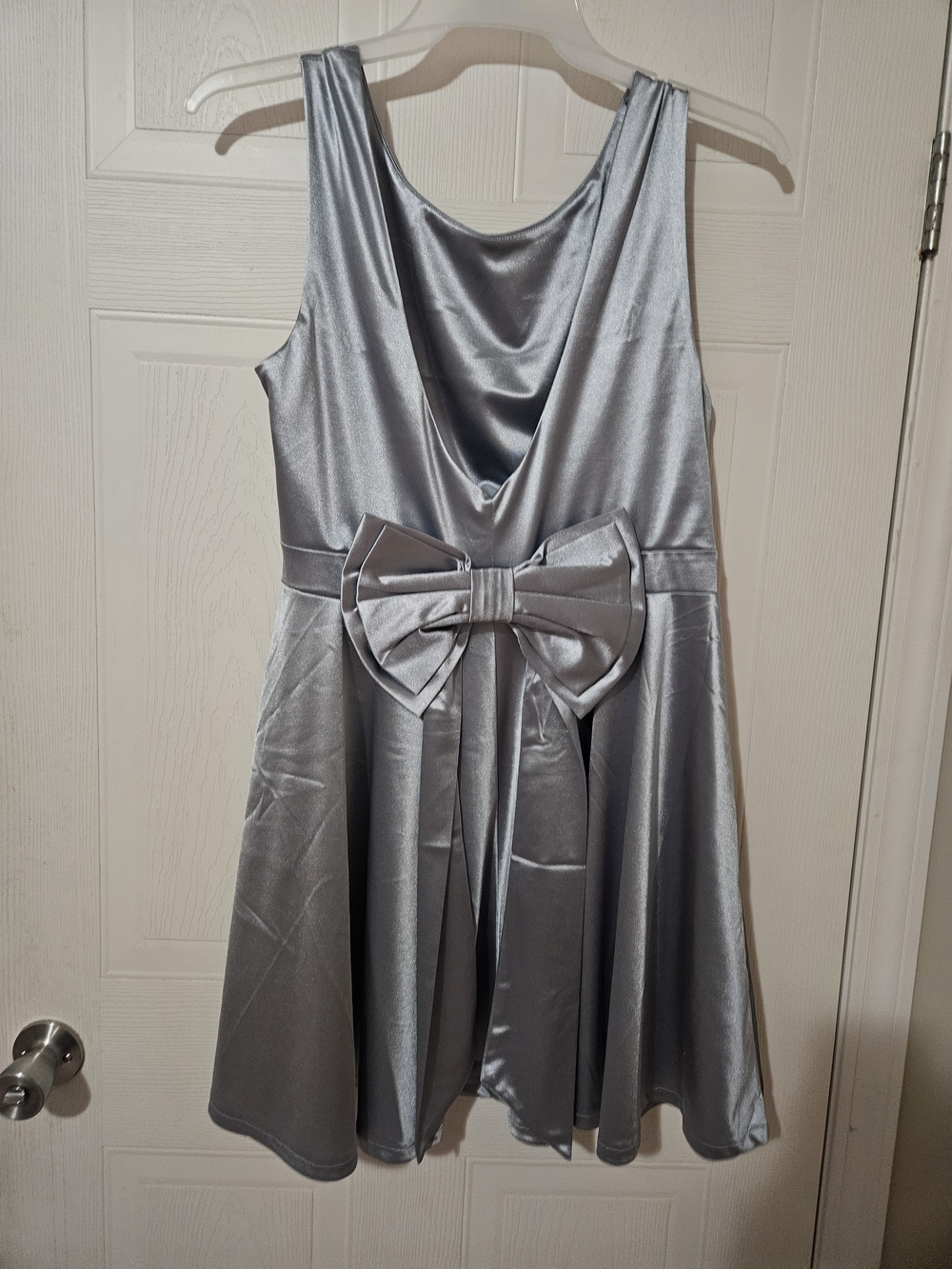 Silver Satin Party Dress with Bow On Back